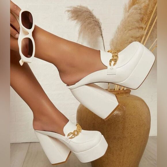 Shein Women’s White Faux Leather Platform Chunky Mules Shoes Size 8 - Picture 2 of 12